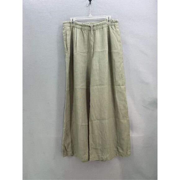 Zara Womens Green High Rise Pleated Wide Leg Linen Trouser Pants Size Large - Picture 1 of 14